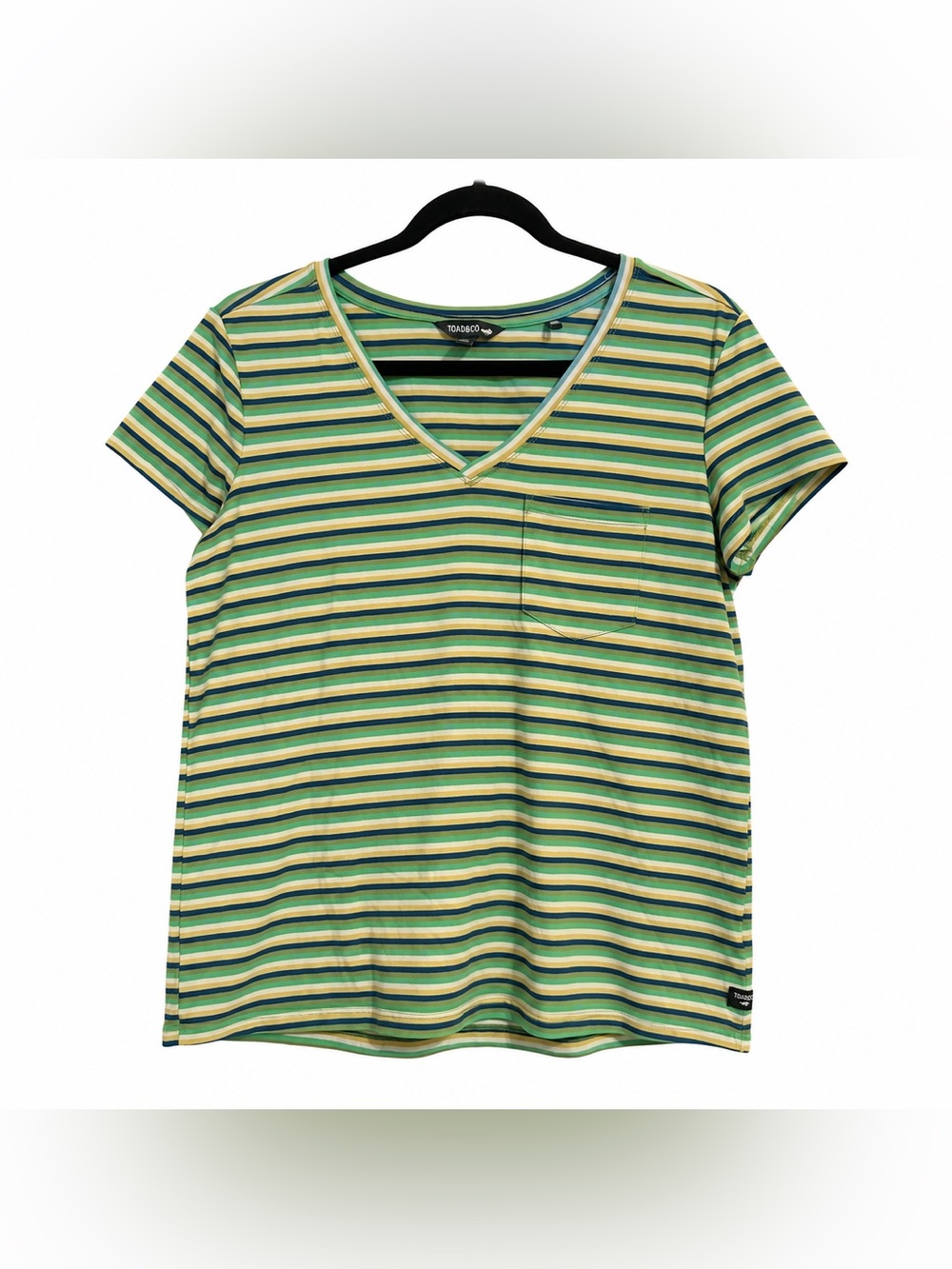 Toad&Co Green Yellow Striped V-Neck Pocket Tee Women’s Medium Casual Soft Shirt